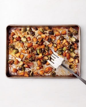 Maple-Roasted Brussels Sprouts with Rutabaga and Hazelnuts