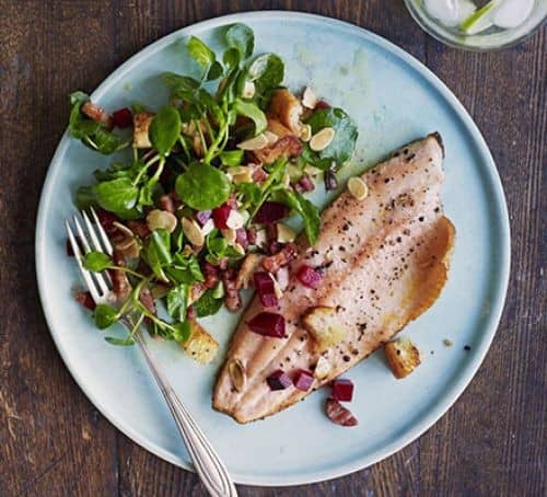 Pan Fried Trout with Bacon, Almonds, and Beetroot