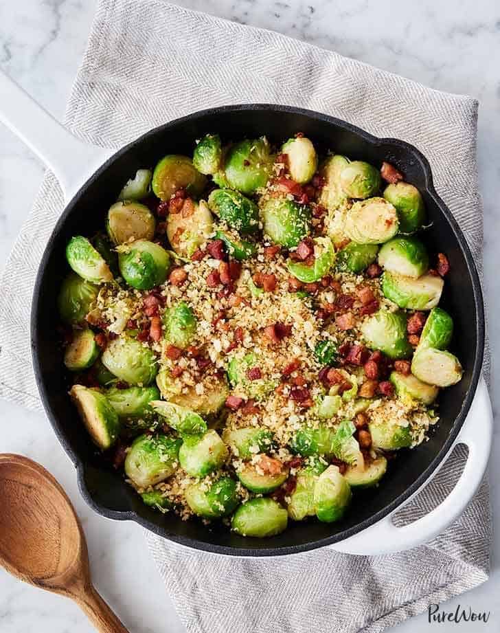 Brussels Sprouts Skillet with Crispy Pancetta Garlic Bread Crumbs