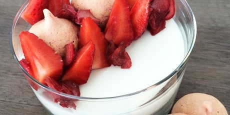 Goat’s Milk Panna Cotta with Beet Meringue, Strawberries, and Rhubarb