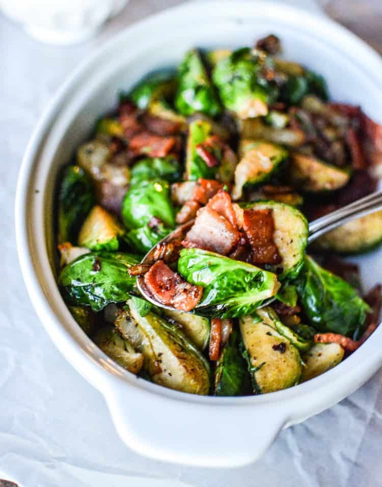 Sauteed Brussels Sprouts with Bacon and Caramelized Onion