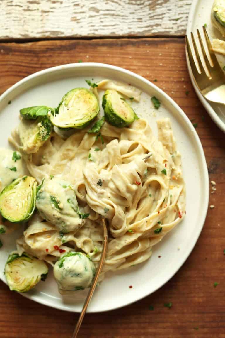 Vegan Garlic Alfredo Pasta with Brussels Sprouts