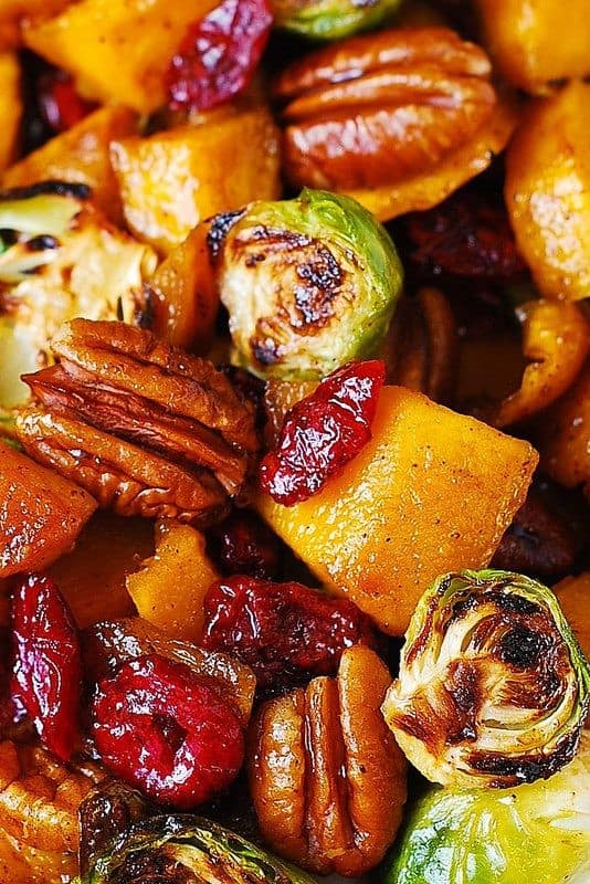 Roasted Brussels Sprouts with Cinnamon, Butternut Squash, Pecans, and Cranberries