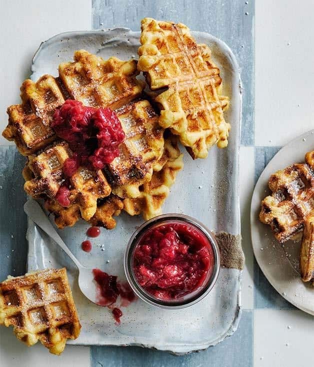 Waffles with Rhubarb-Vanilla Jam