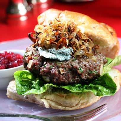 Venison Burger with Blue Cheese and Shallots