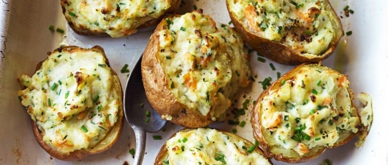 Horseradish, Smoked Trout, and Mascarpone Baked Potatoes