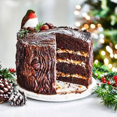 Chocolate, Caramel, and Chestnut Yule Log Cake