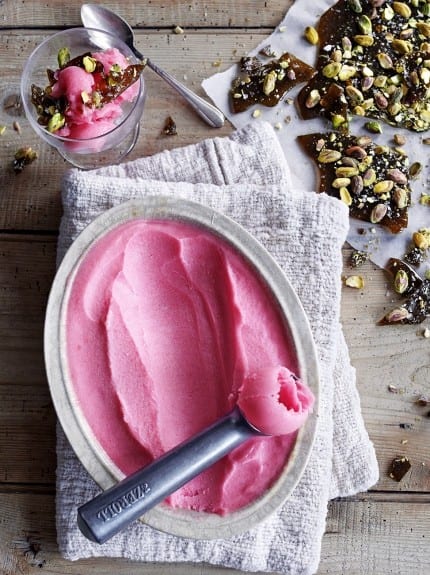 Rhubarb Sorbet with Pistachio Brittle