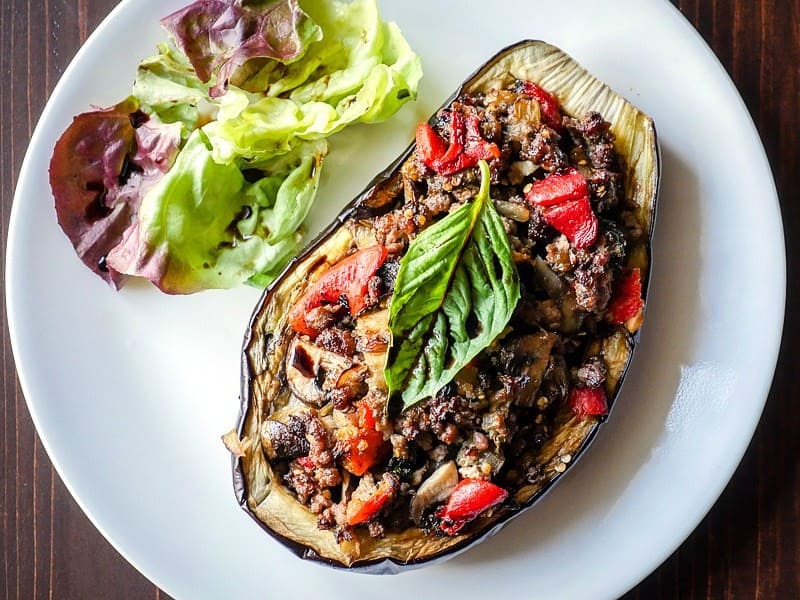 Balsamic Chicken Stuffed Eggplant